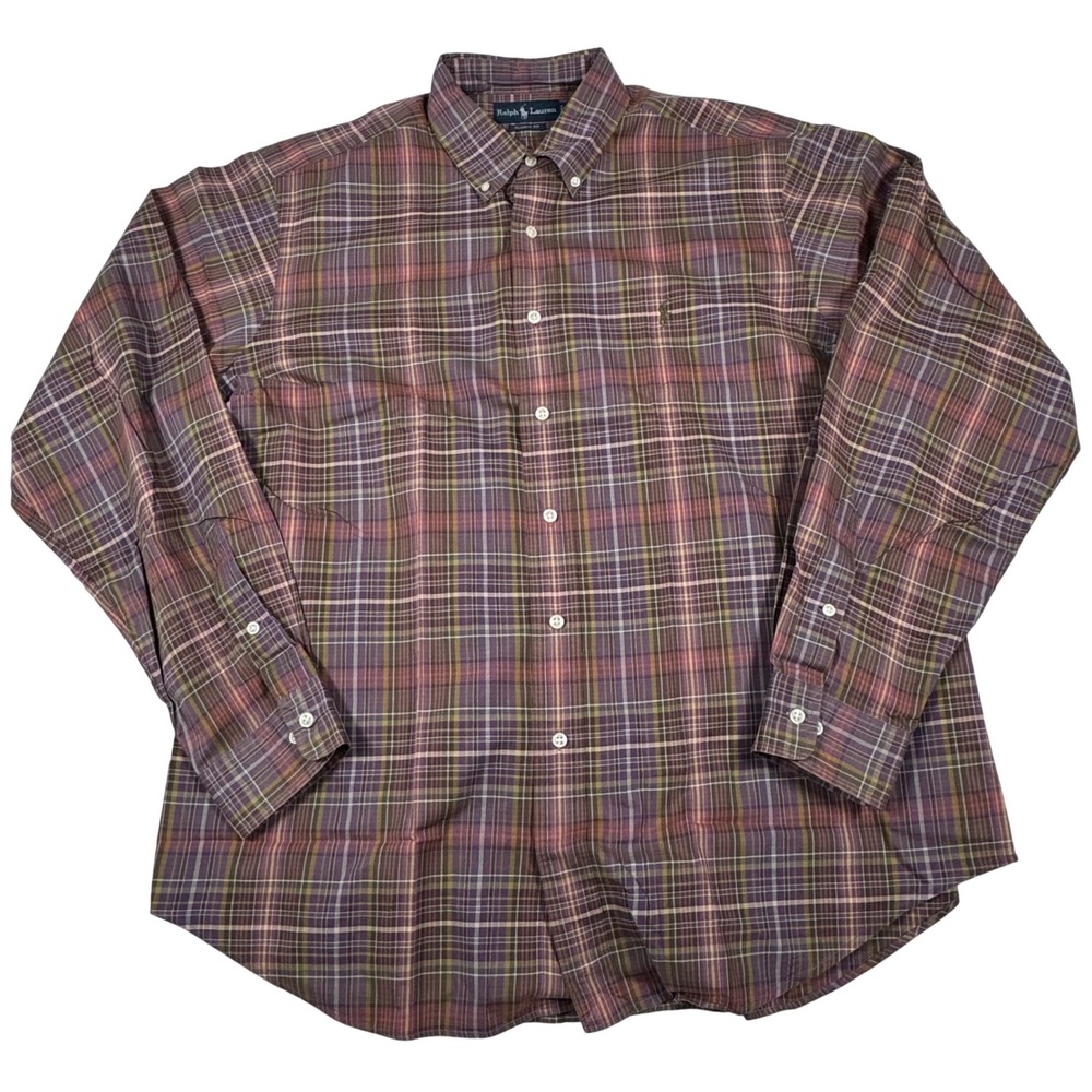 Ralph Lauren Shirt Men 17/ XL Purple Brown Tartan Plaid Classic Fit Fall Preppy